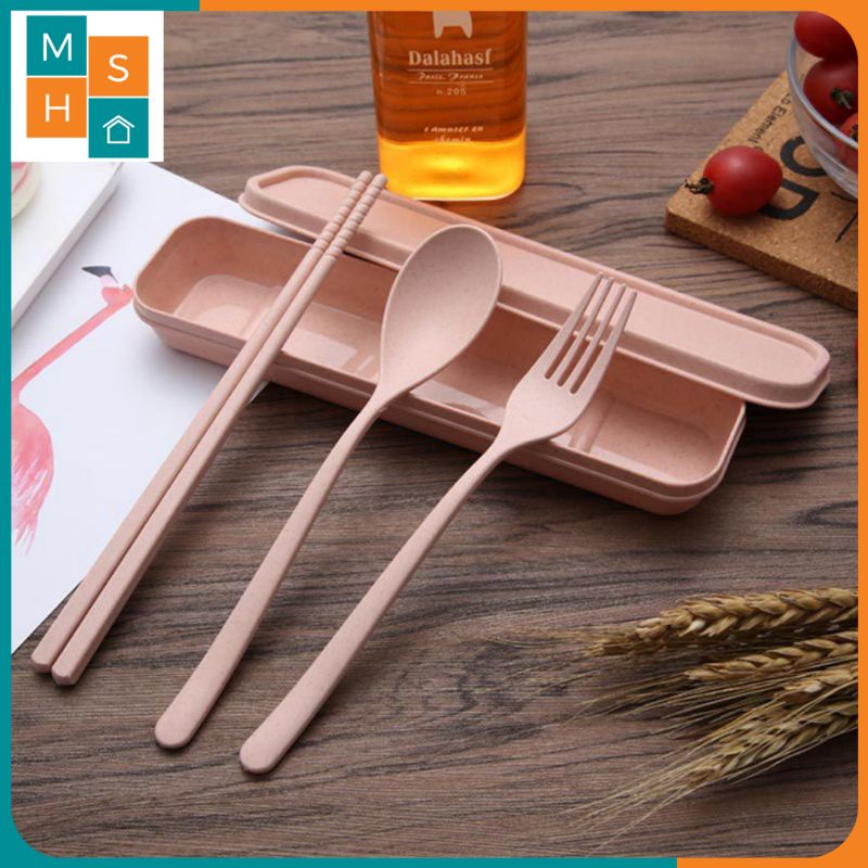 Set Sendok Garpu Sumpit Wheat Straw dengan Box Kotak / Sendok Traveling / Sendok Souvenir