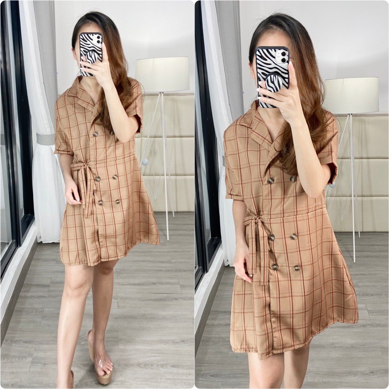 dress korea / dress fashion wanita /dress casual / midle dress / dress motif kotak K0565