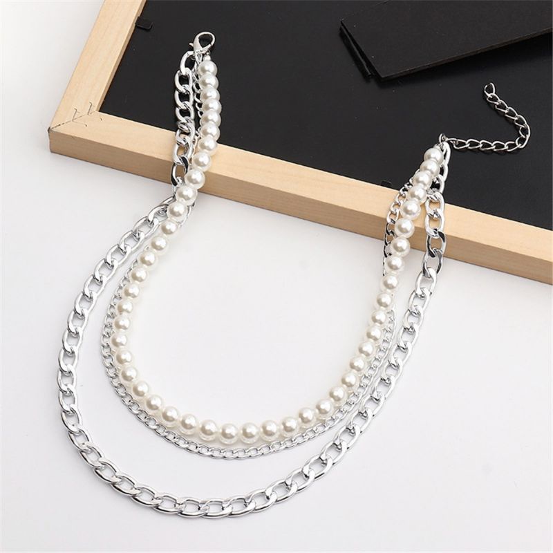 Kalung Rantai Korea Triple Layer Susun Mutiara Korean Pearl Multilayer Necklace Kalung Susun Tumpuk