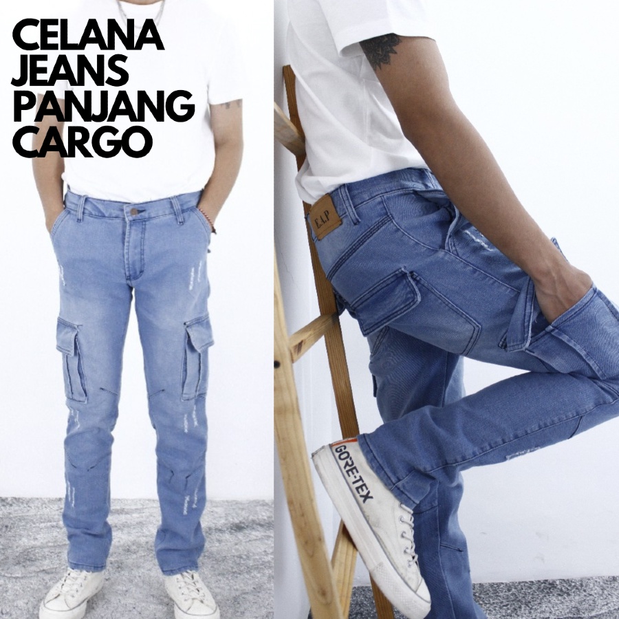 Celana Cargo Jeans Pria Panjang Model Sobek Wishker Slimfit-Jeans Pdl-Warna Biru-Celana Pria Denim S