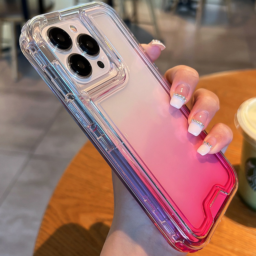 3 IN 1 Case Pelindung Belakang Tahan Guncang Warna Gradasi Untuk iPhone 11 Pro MAX XS MAX XR 7 + 8 Plus