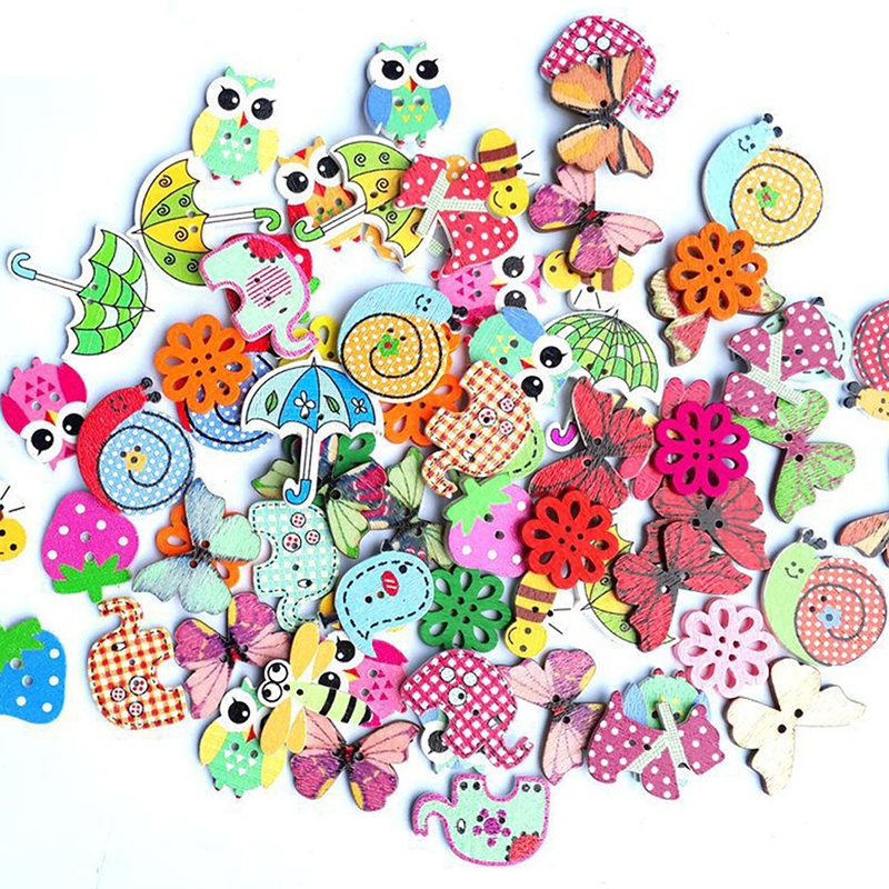 50pcs Kancing Jahit Bahan Kayu Motif Kartun Hewan