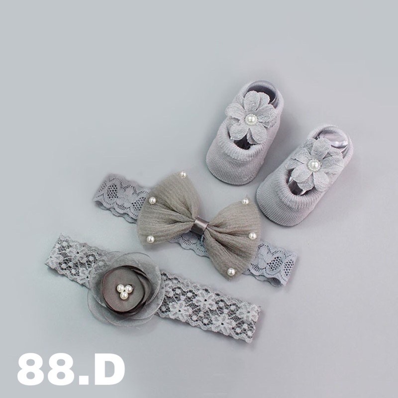 Bandana Bayi newborn rajut set sepatu Headband baby hairband shoes import lucu cute