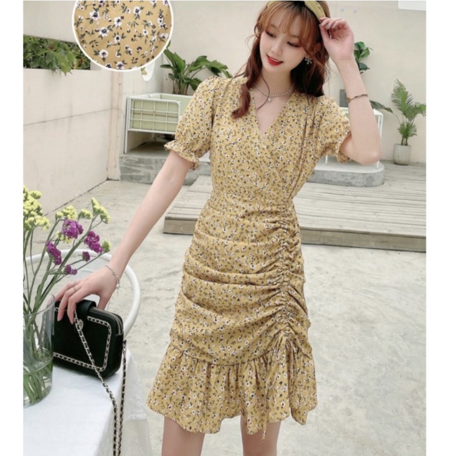 CASUAL KOREAN FASHION STYLE PREMIUM POLYESTER MINI DRESS MOTIF BUNGA