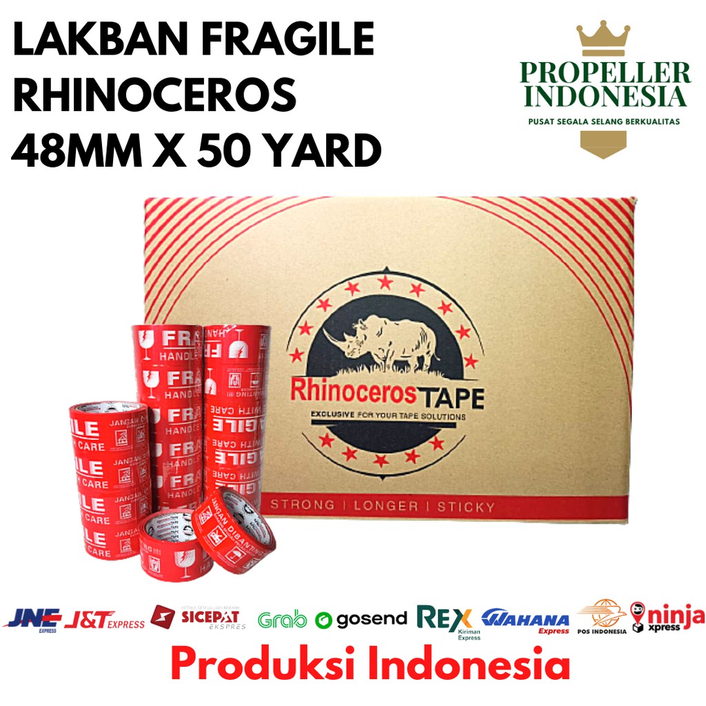 Lakban Fragile RHINOCEROS Tape Selotip Solasi 48MMx50YARD@72Pcs PerDus