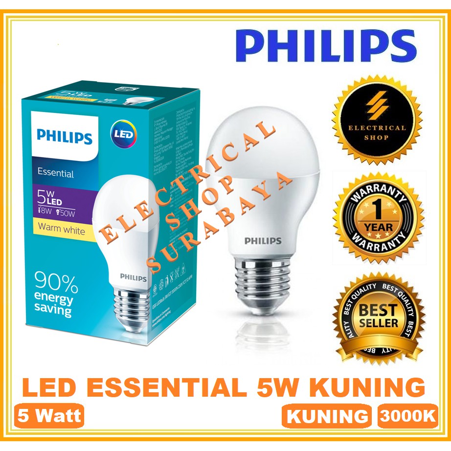 PHILIPS LAMPU LED ESSENTIAL 5W / 5 WATT (KUNING) (GARANSI 1 TAHUN &amp; HARGA GROSIR) ESS BULB ORI MURAH