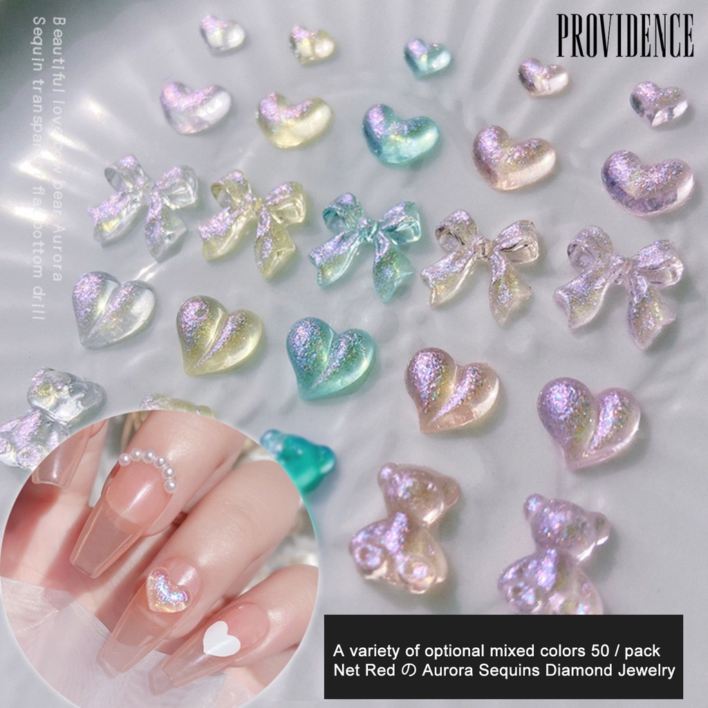 Providence 50Pcs / Pak Hiasan Kuku Bentuk Hati / Pita / Beruang Bahan Resin Untuk Aksesoris Nail Art Charms