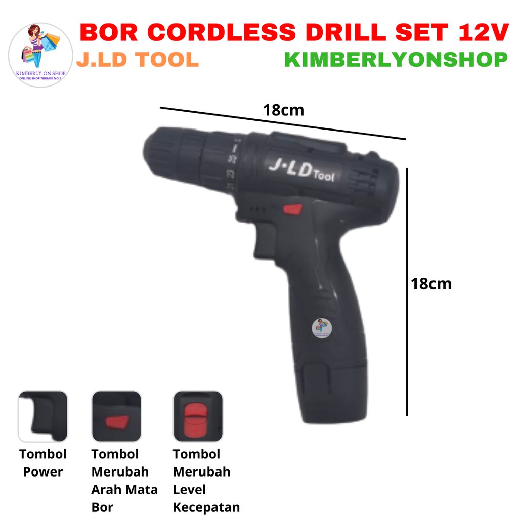 Kimberlyonshop Mesin Bor Batre Cordless Drill Set 12V J.LD Tool