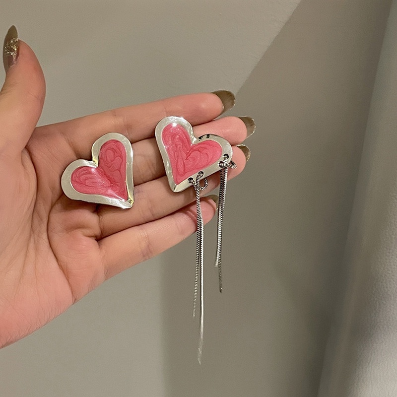 Anting Stud Rumbai Asimetris Desain Hati Warna Pink Untuk Wanita