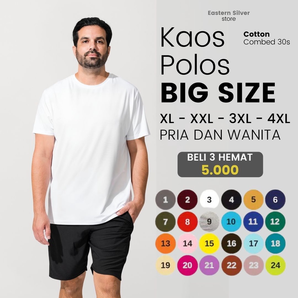 Kaos Jumbo Pria Lengan Pendek Ukuran XXL XXXL XXXXL Baju Polos Big Size Wanita Size 2XL 3XL 4XL Cott