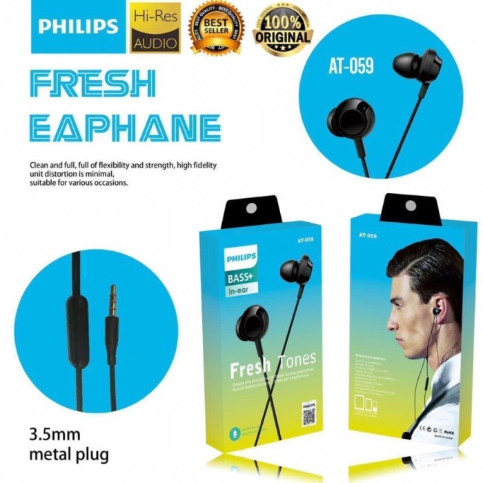 Headset Philips AT-059 Earphone AUX Audio Jack 3.5mm High Quality Grosir