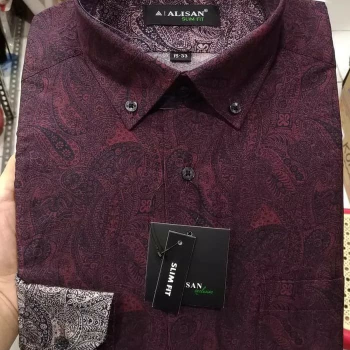 Kemeja Pria Alisan Semi Batik Gradasi Printing Katun Maroon Biru