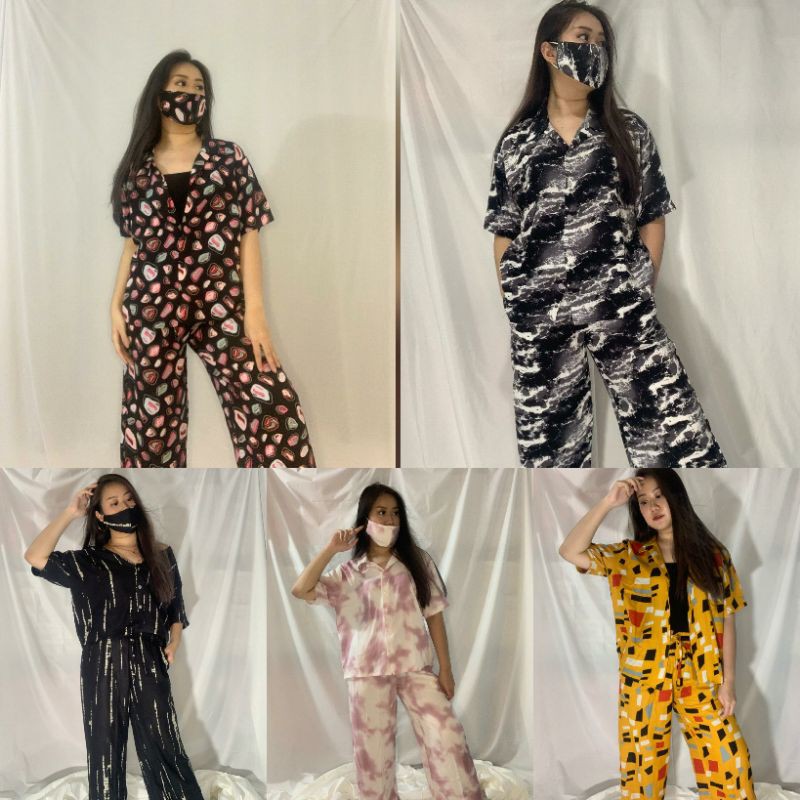 Baju tidur wanita / Piyama set Rayon wanita lengan pendek kancing