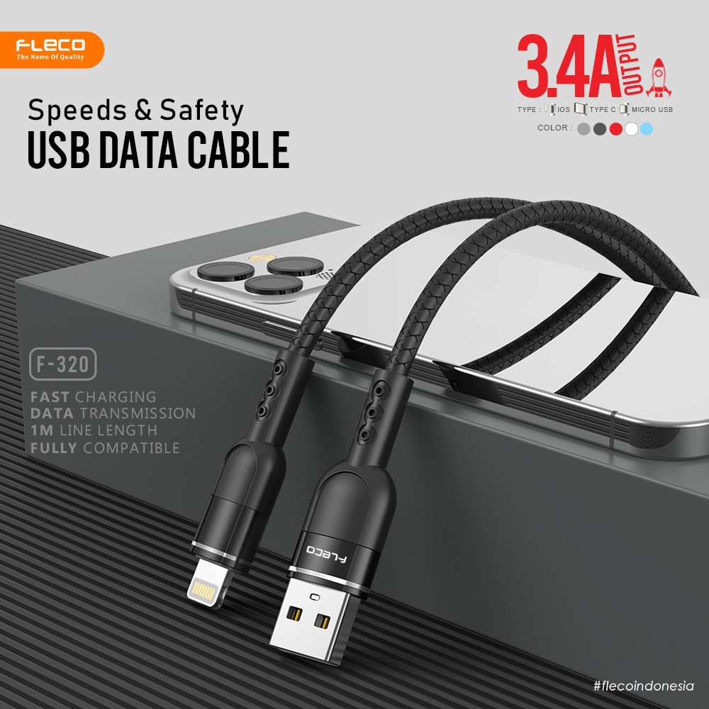 Kabel Data FLECO F-320 SAFE &amp; SPEED 3.4a quick charge qualcomm 0.3 FLECO F320 - MICRO-USB / TYPE-C / iphone