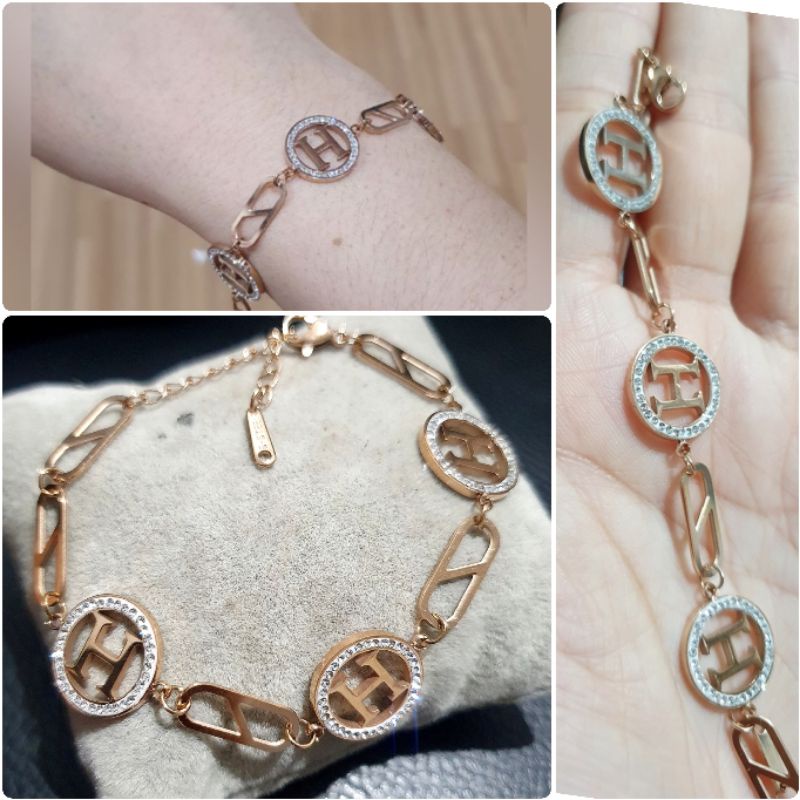 Gelang Titanium asli Motif H Rosegold Premium Quality Anti karat Bracelet Stainless Steel Rosegold 2829