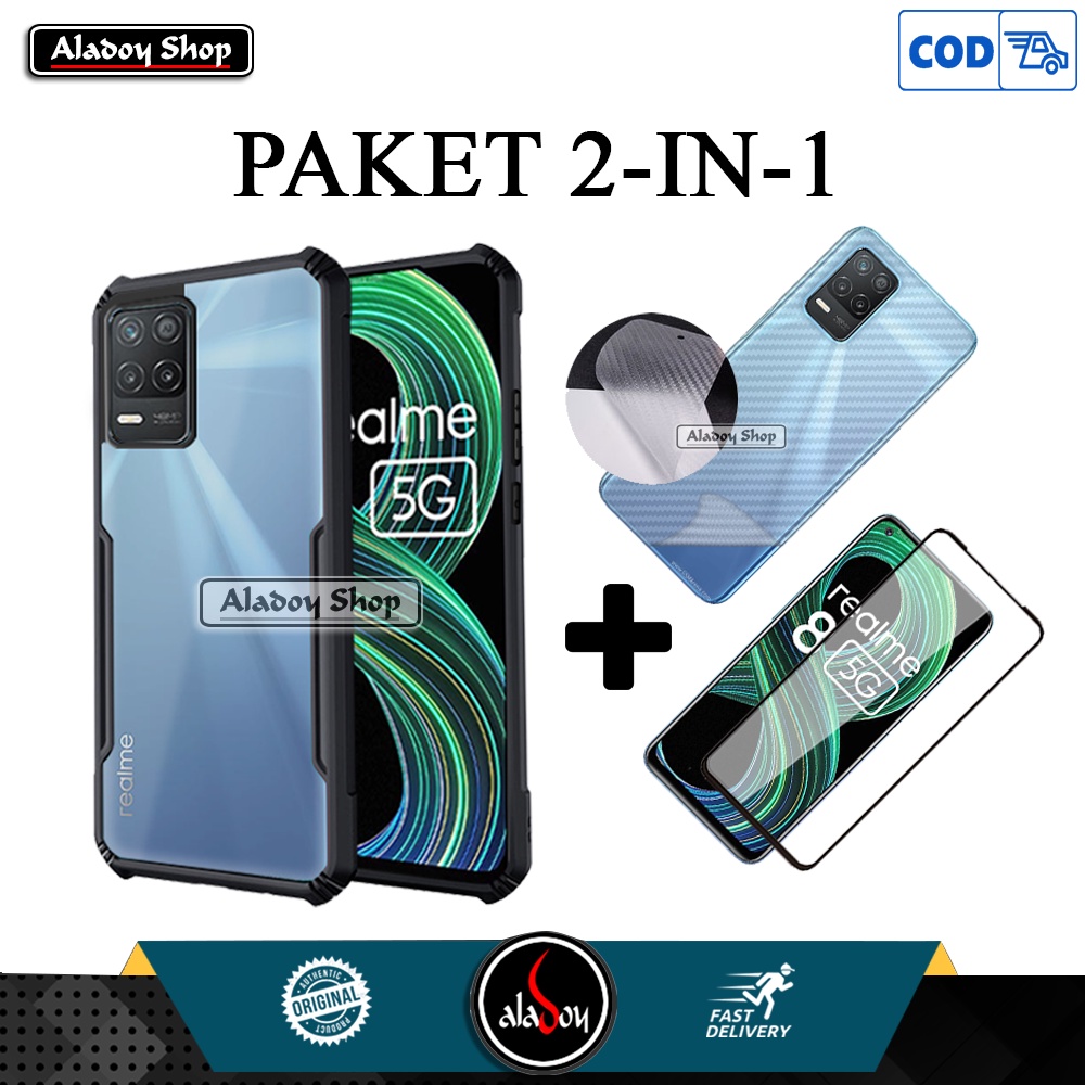 PAKET Case Realme 8 5G 2021 Casing + Tempered Glass Full Layar + Skin Carbon