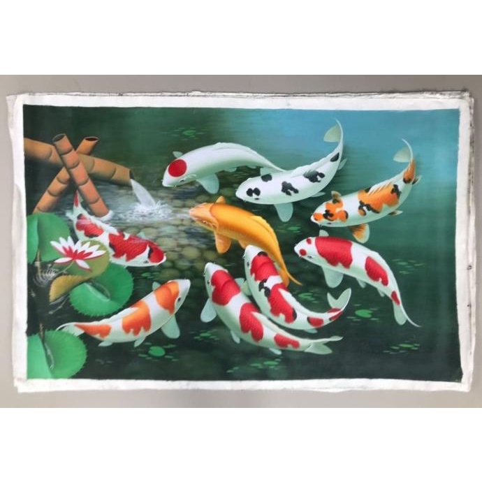 best produk] Lukisan Ikan Koi Fengshui, Ukuran 135 x 85 cm, 100% Buatan Tangan