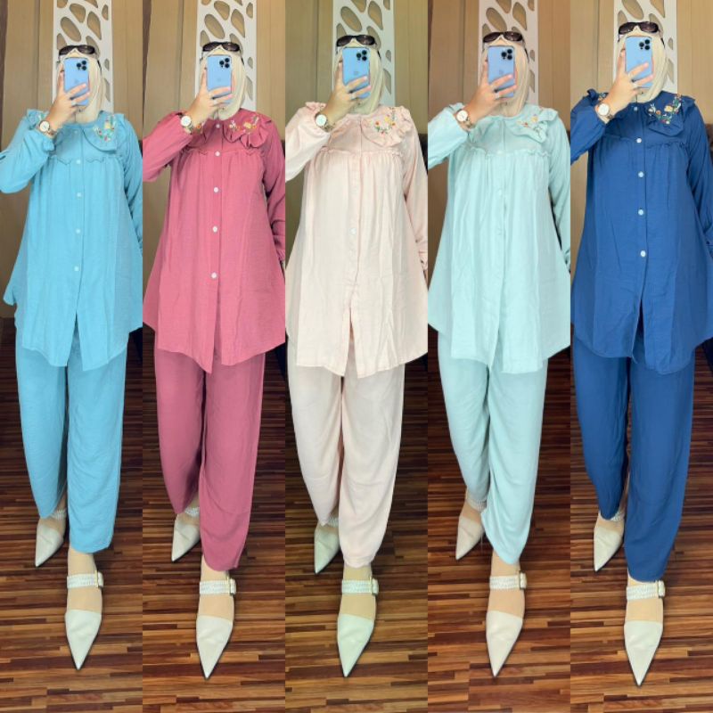 Oneset crinkle kerah bordir polos | setelan celana crinkle | oneset polos | setcel bordir | setcel k