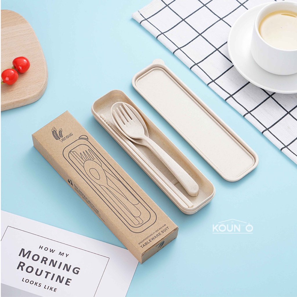 1 Set Alat Makan Sendok Garpu Sumpit + Box Plastik Jerami Wheat Straw Portable Travel Cutlery