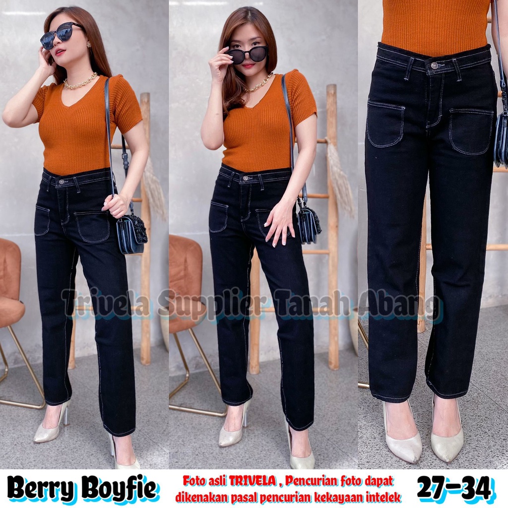 TRIVELA - Berry Pocket Boyfie Hitam 27-34 / Boyfriend Jeans Wanita / Boyfriend Hitam