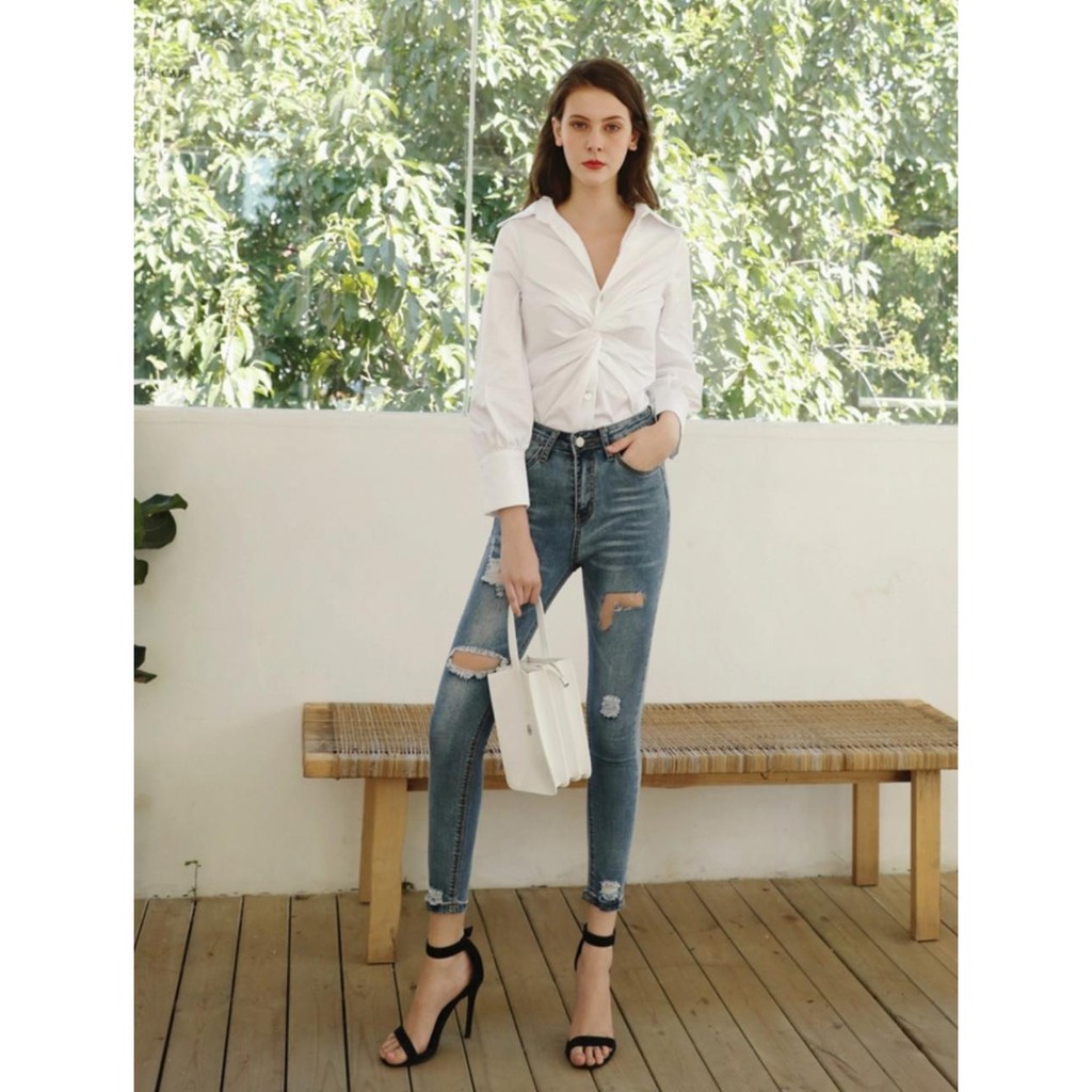 ripped knee celana  jeans  wanita  sobek  lutut denim  Celana  