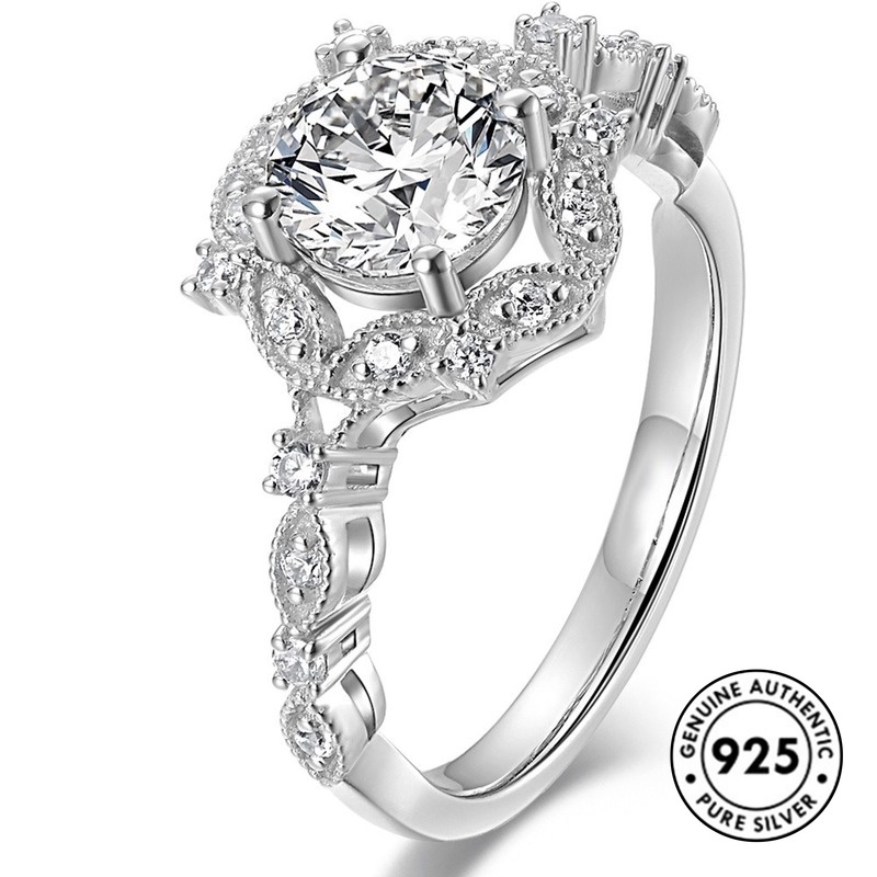 Cincin Sterling Silver 925 Desain Bunga Hias Berlian Imitasi Simple Untuk Wanita