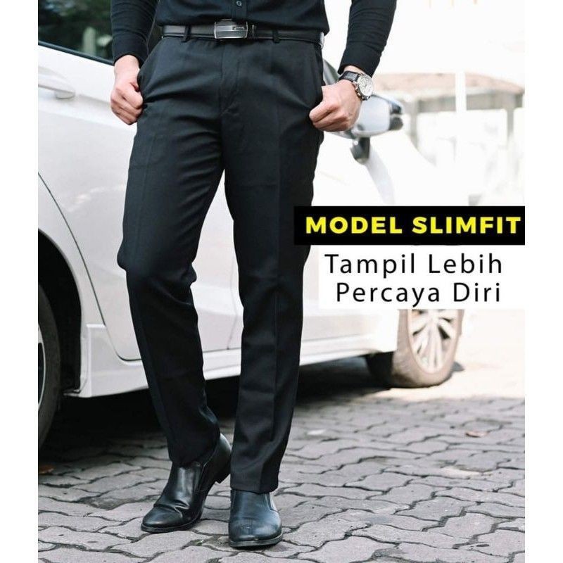 Barang Bagus Celana Formal Panjang Pria Slimfit Bahan Kain Twist Warna Hitam Adem Nyaman Size 27-38