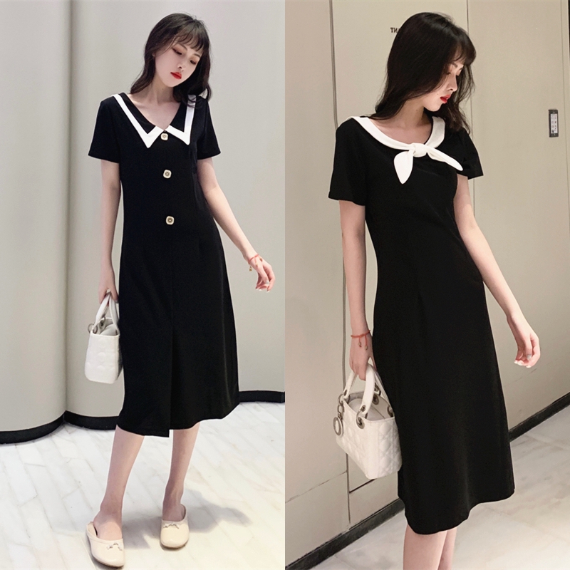 Gaun Wanita Model High Waist Lengan Pendek Dengan Kerah V Neck Dan Bahan Sifon Warna Hitam Bergaya Retro Shopee Indonesia