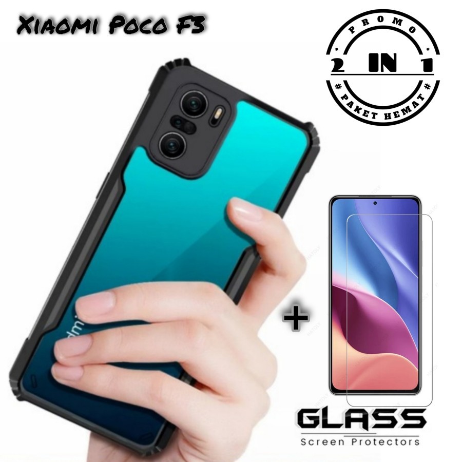 Case Poco F3 Hardcase Fusion Shockproof Armor Transparant Promo 2In1 Tempered Glass Layar Protection