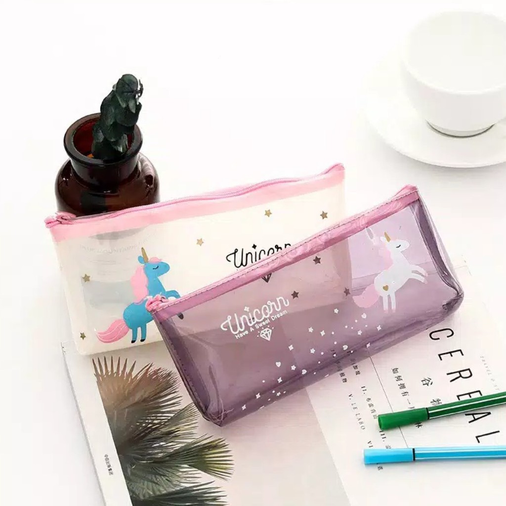 tempat pensil platik PVC unicorn tepak pinsil transparan plastic zipper seleting pencil case