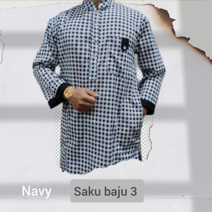 kemeja koko pria lengan panjang kotak kotak - Navy, L