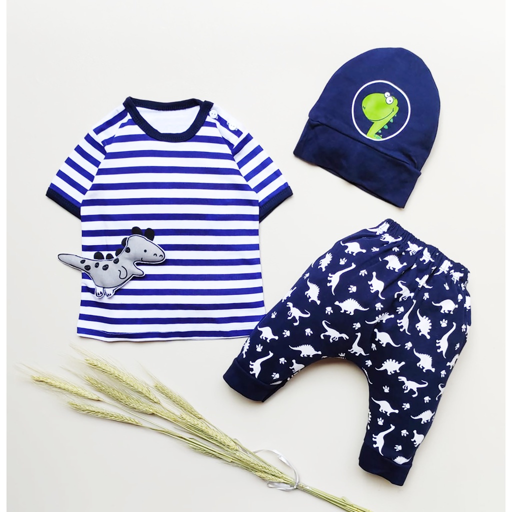 Klik Mds Setelan Baju Anak Bayi Laki-laki Atasan Dan Celana Motif Karakter Dino Free Topi / 1 Ukuran