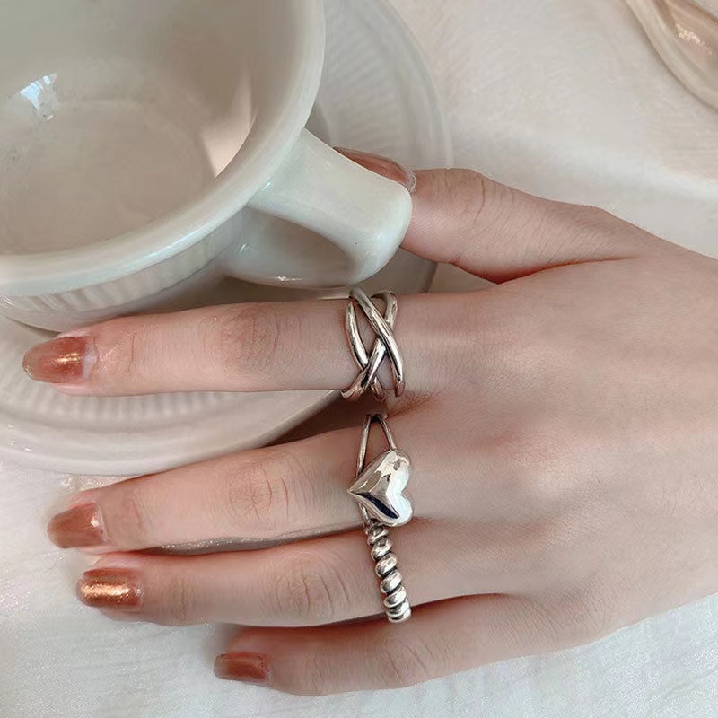 IFYOU 3pcs / set Cincin Model Terbuka Desain Hati Silang Warna Silver Gaya Vintage Untuk Wanita