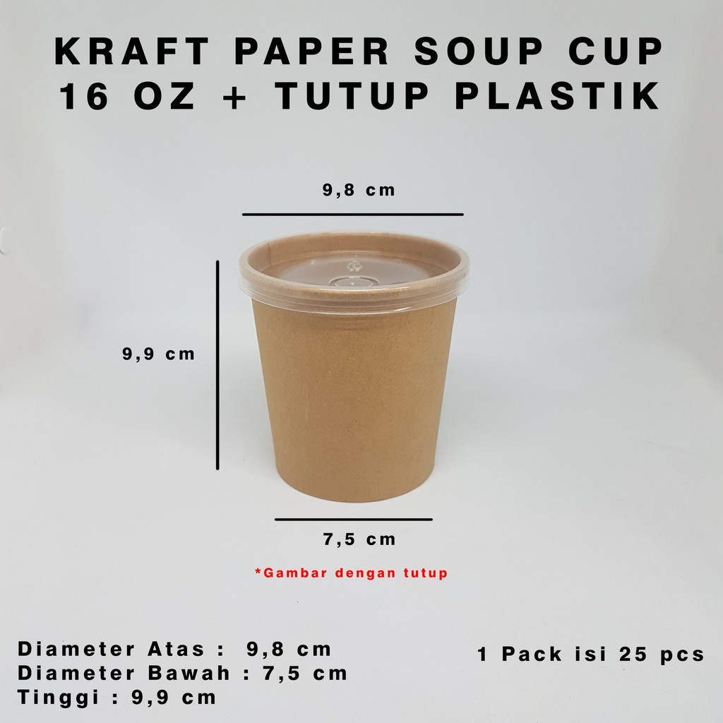 Kraft Paper Soup Cup 16 Oz + Tutup Plastik Food Grade