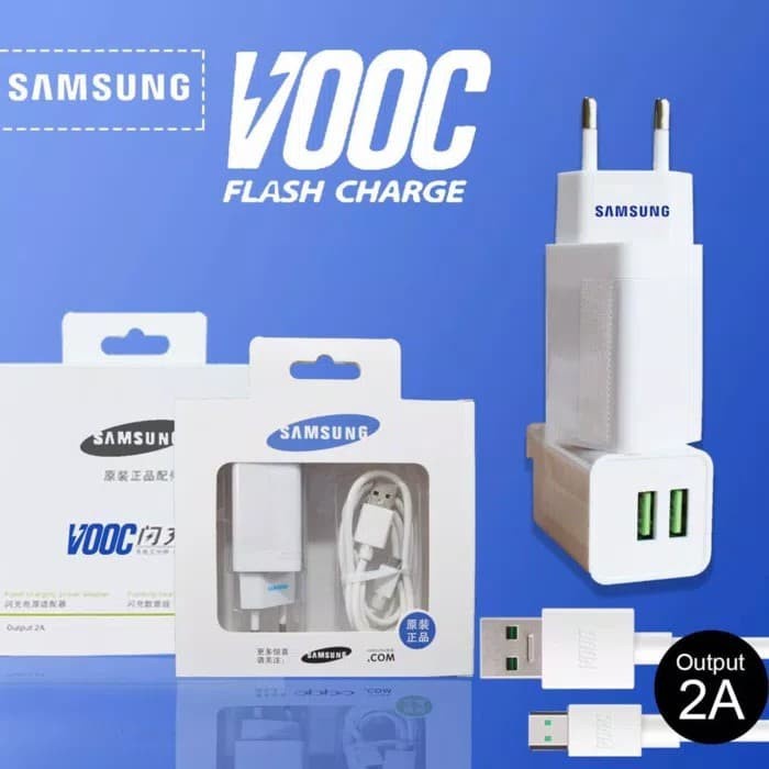 CHARGER SAMSUNG VOOC FAST CHARGING 2AMPERE 2PORT USB ORI 99% WHITE - FA