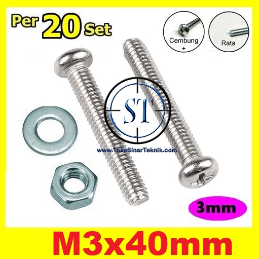 x20 Set Baut Mur Ring M3 x 40mm JP M3x40mm M3 3mm 3x40mm 3 x 40 3 x 40mm Ukuran Panjang 40mm Kepala Cembung isi 20 Set