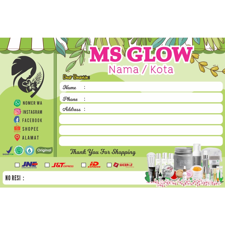 

Stiker pengiriman ms glow Custom Desain Ukuran Besar 23 x 15 dan 20 x 12 cm