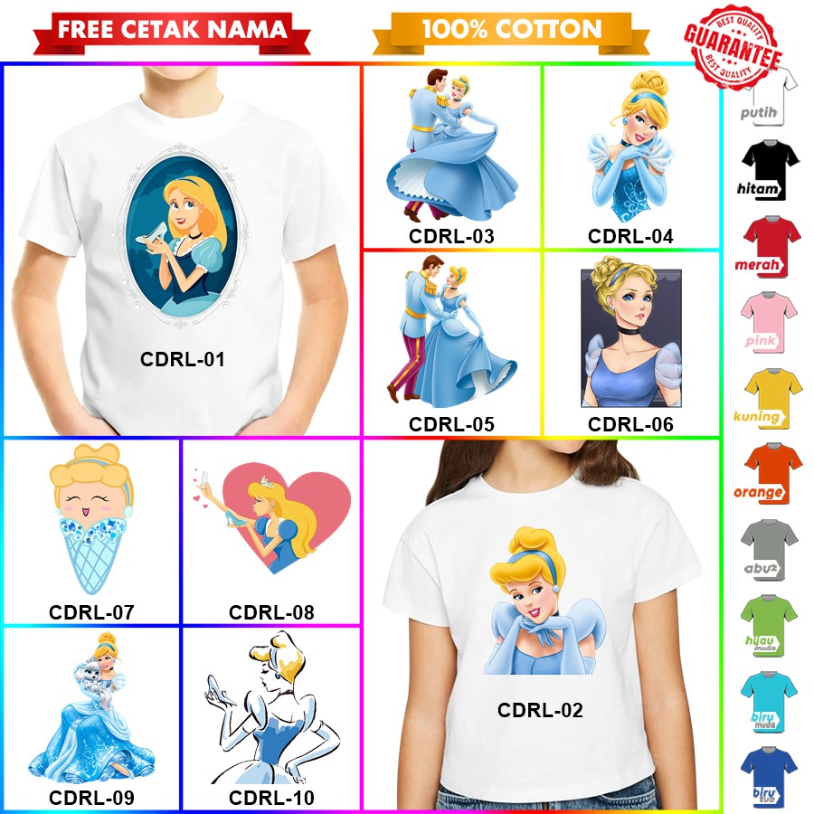 [FREE NAMA!!] Baju Kaos ANAK DAN DEWASA CINDERELLA BANYAK MOTIF