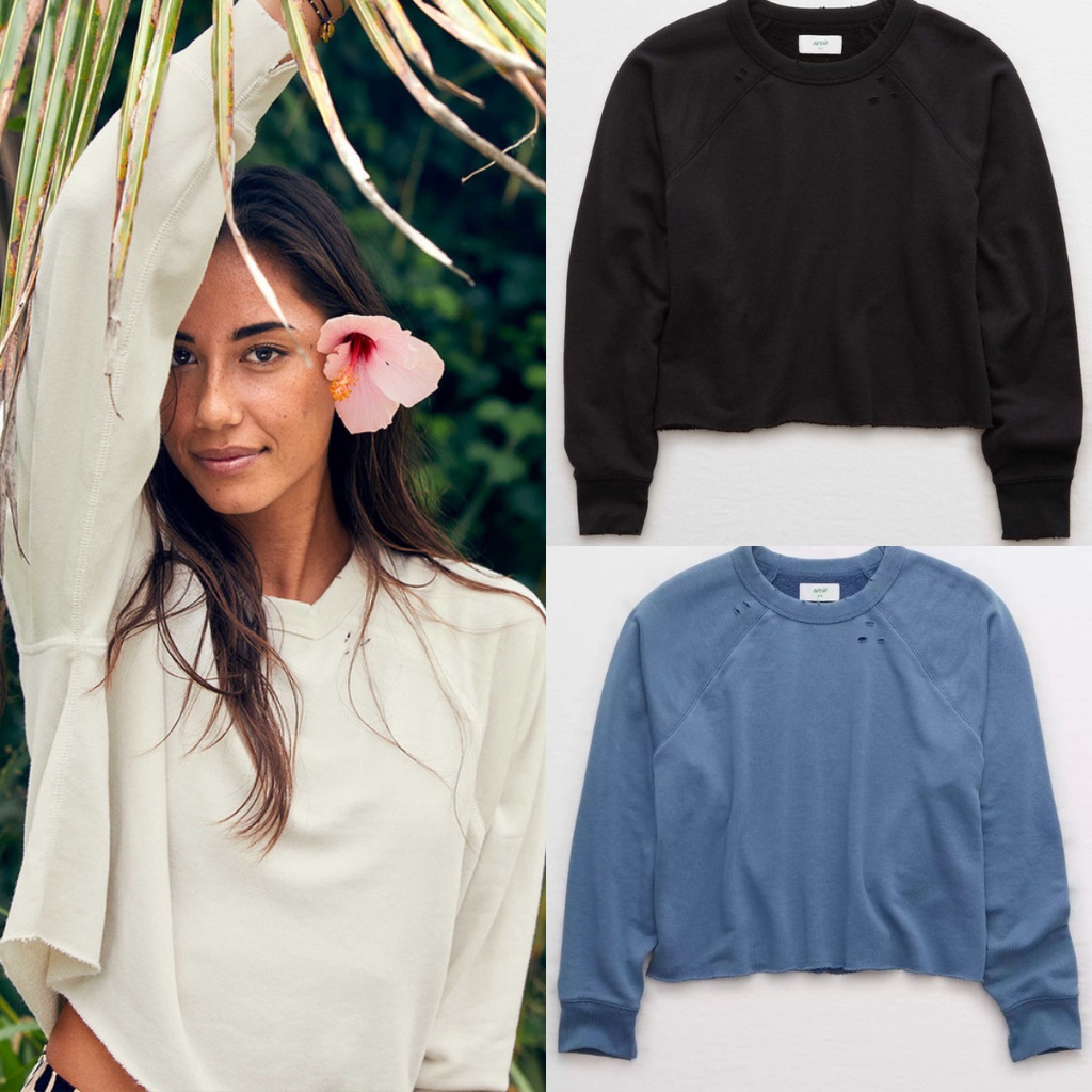 AERIE SUNDAY DISTRESSED SWEATSHIRT