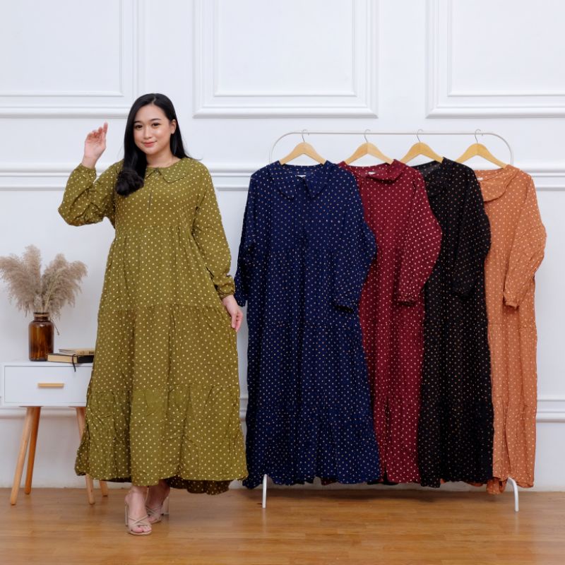 gamis / gamis polkadot leher polos/ gamis polkadot kerah leher/baju lebaran