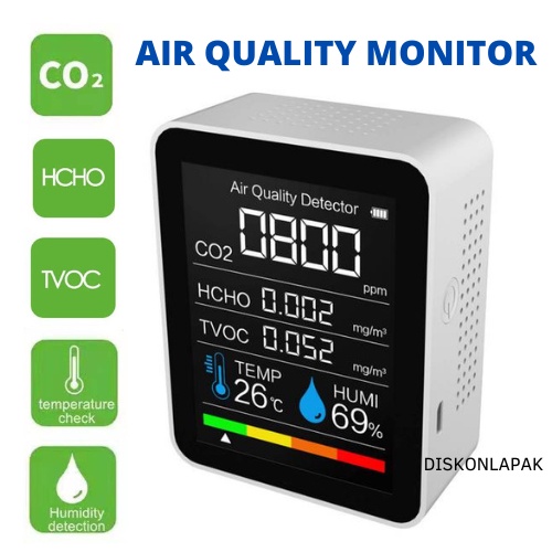 Air Quality Monitor Kualitas Udara CO2 HCHO TVOC Temperature Humidity Detector Tester