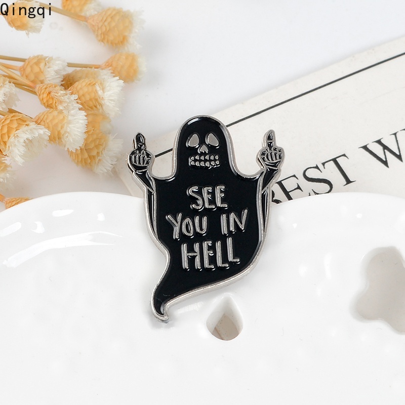 See You In Hell Bros Pin Enamel Desain Hantu Jari Tengah Tema Halloween