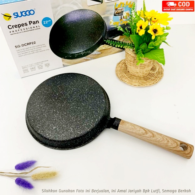 Suggo Crepes Maker 22 CM Gagang Kayu Wajan Kwalik Crepe Teflon Cetakan Kulit Lumpia Risoles Leker Anti Lengket