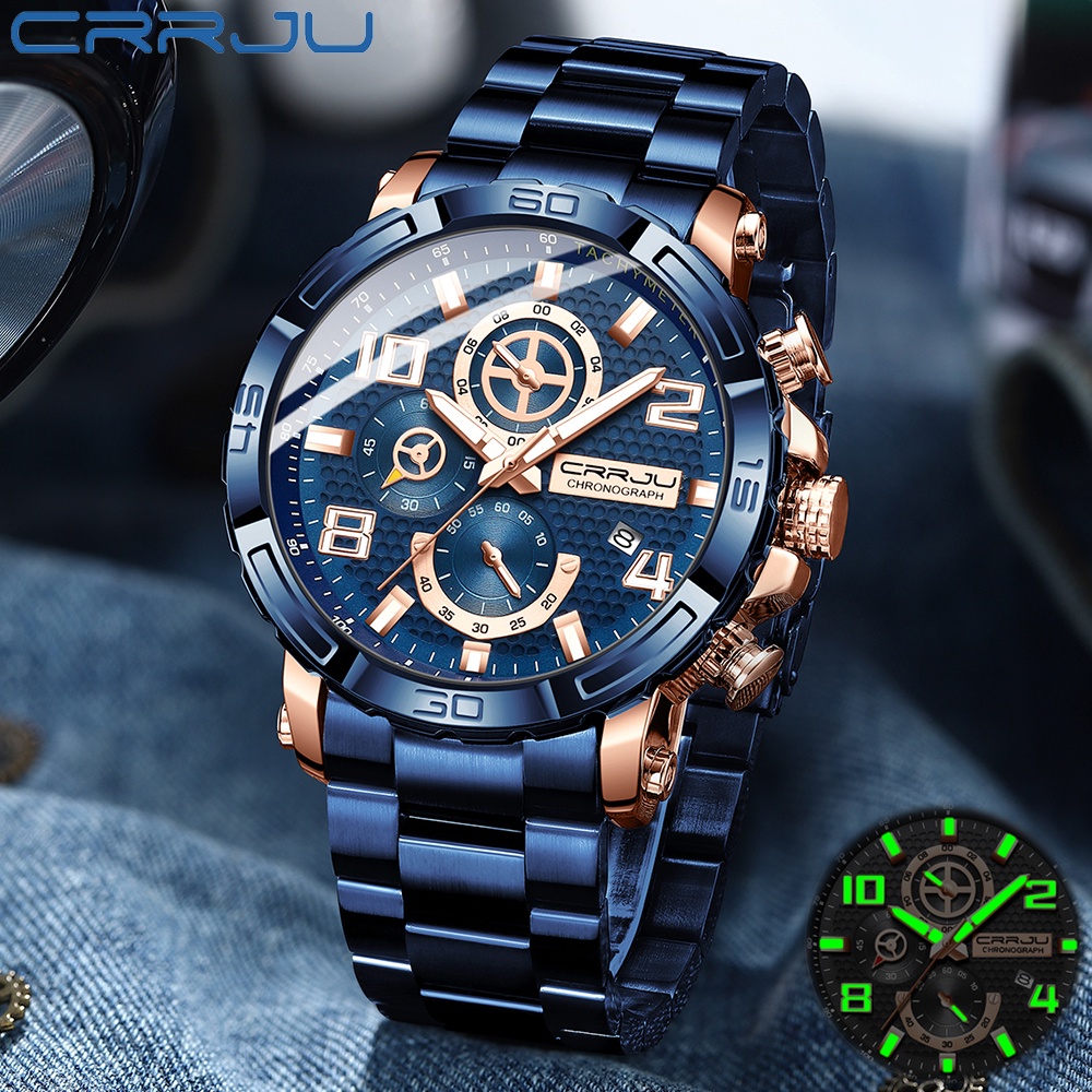 CRRJU Fashion Olahraga Kasual Chronograph Jam Tangan Pria Tahan Air Top Brand Luxury Stainless steel Bercahaya Quartz Watch