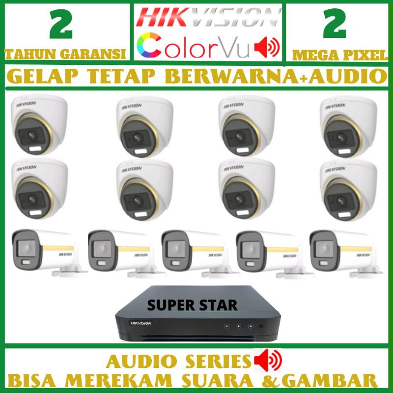 PAKET CCTV HIKVISION COLOR VU 16 CHANNEL 13 KAMERA 2MP AUDIO SERIES SIANG MALAM BERWARNA