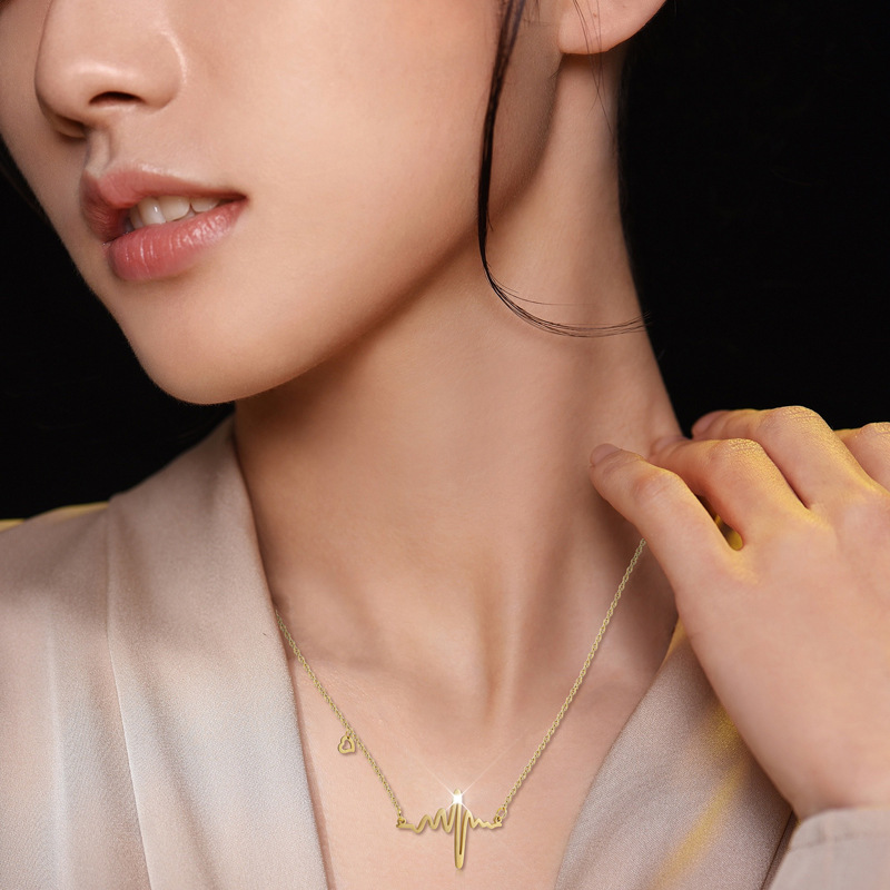 Kalung Rantai Klavikula Desain Hati Ecg Warna Rose Gold Untuk Aksesoris Perhiasan