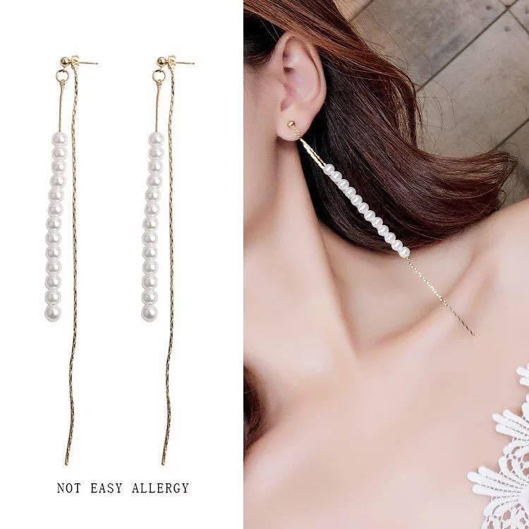 Mutiara anting-anting Korea sederhana temperamental panjang rumbai anting-anting benang slim Mutiara