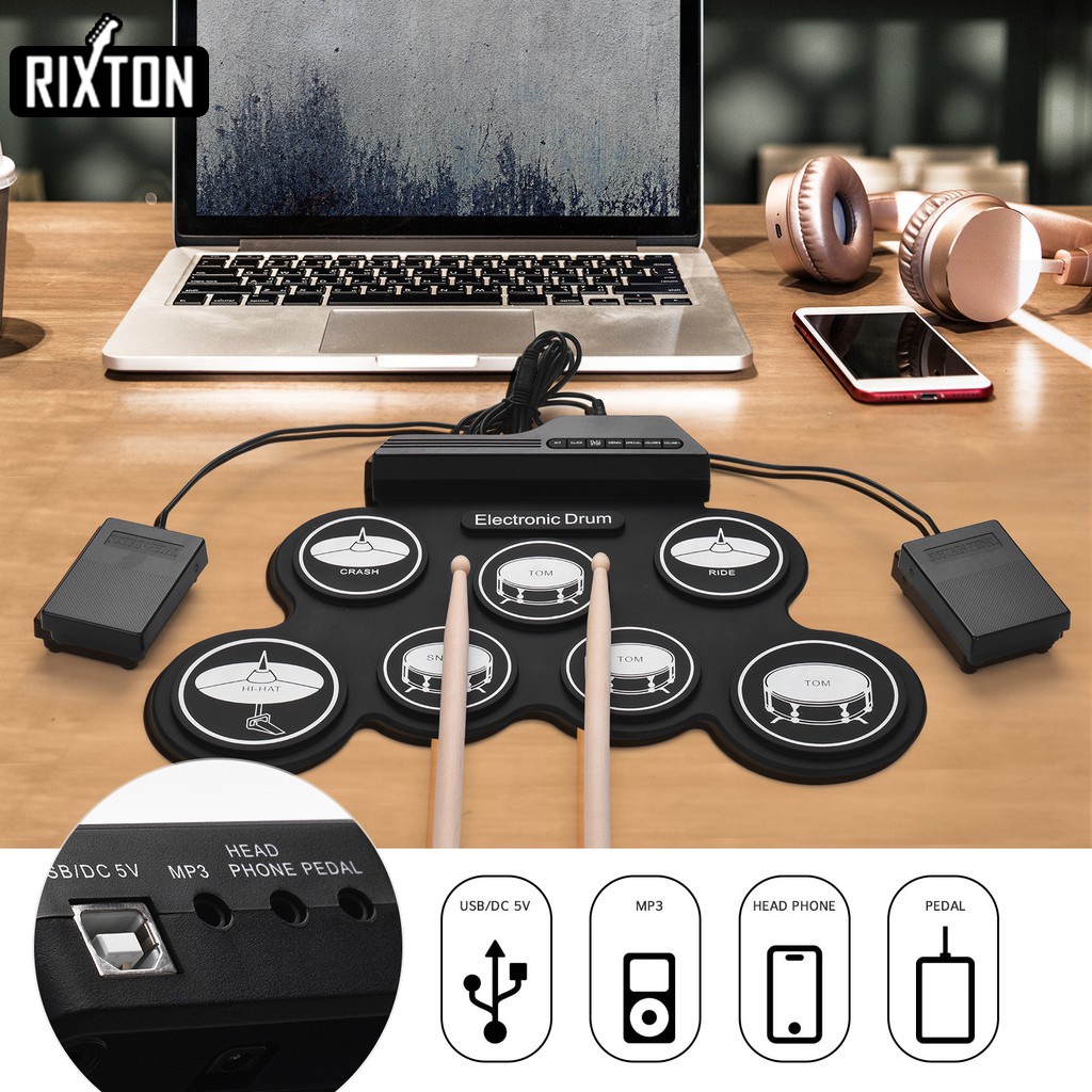 Rixton Digital Portabel Drum Roll Drum Elektronik Perkusi Portabel Silicone Hand Roll Drum Kit Drum Jazz USB Elektronik Drum Kit