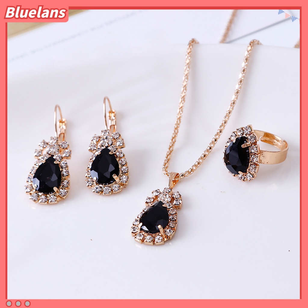 3pcs / Set Kalung Anting Cincin Liontin Water Drop Berlian Imitasi Bahan Alloy Warna Cerah Untuk Aksesoris