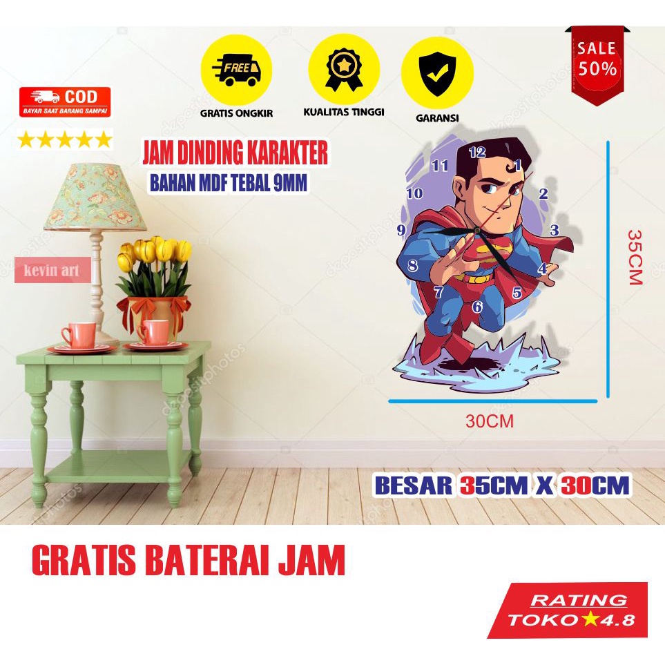 JAM DINDING KAYU UNIK KARAKTER SUPERMAN TERBARU PALING LARIS BESAR KARAKTER TEMPEL TEMBOK 3D DEKORASI DINGDING KEREN KOLEKSI HADIAH KADO ULANG TAHUN